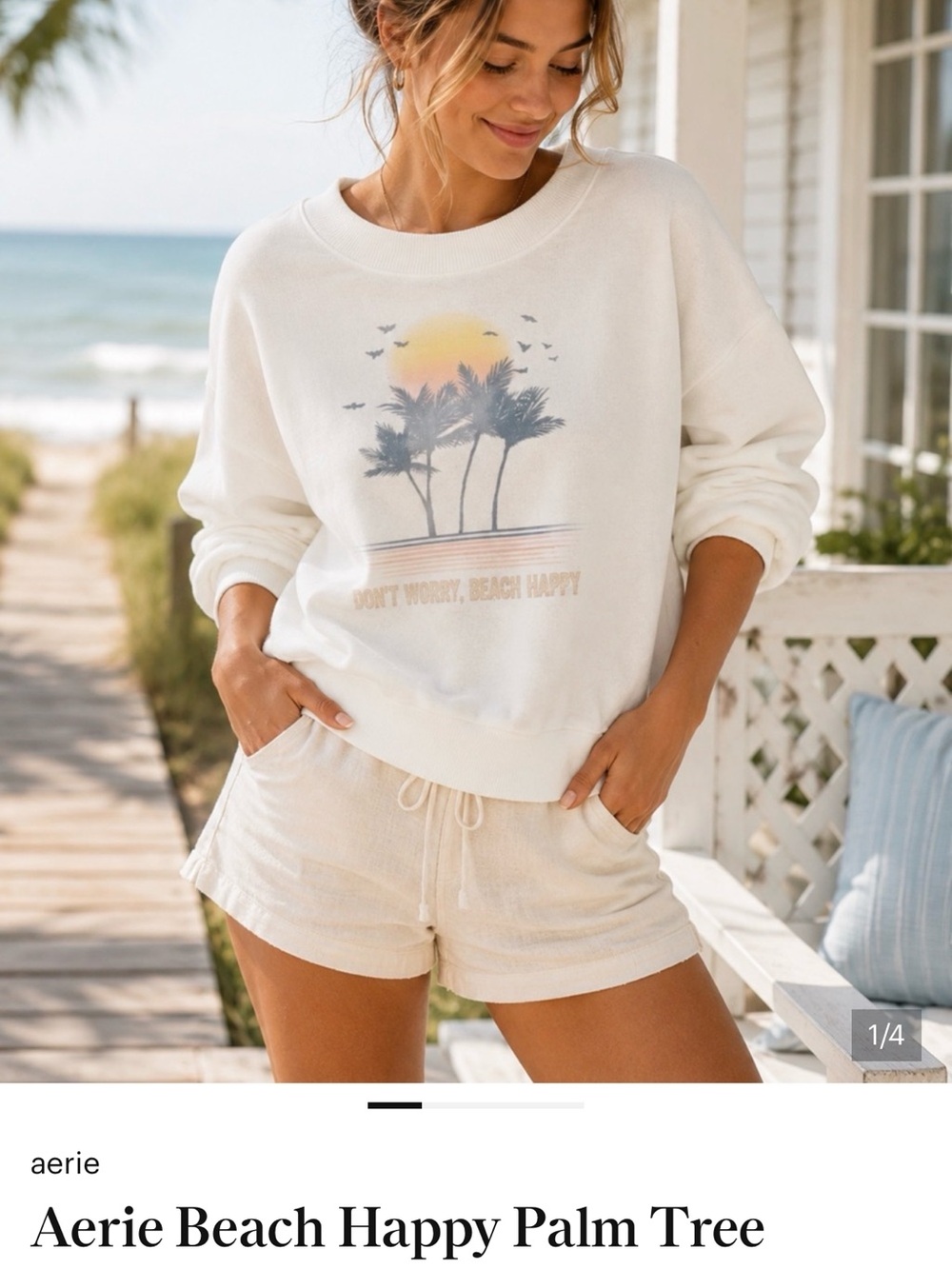 Aerie Beach Happy Graphic Sweatshirt Medium Coastal Palm Tree Pullover